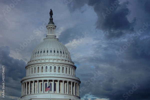 Obraz Close up of the US capitol building dome with gathering storm clouds.  Concept of political or social turmoil.