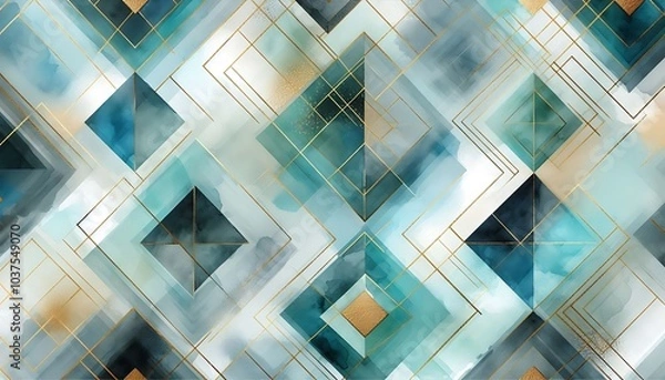 Fototapeta Overlapping geometric diamonds in shades of blue and teal, softened with watercolor brushstrokes and gold foil details,generative ai

