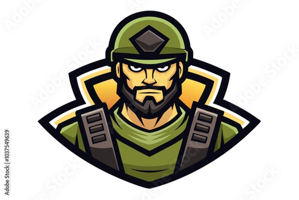 Obraz  A captivating emblem showcasing a determined soldier in military uniform, evoking themes of strength, courage, and unwavering resolve.