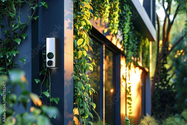 Fototapeta Smart security camera mounted on a modern house exterior, surrounded by lush green plants and bathed in warm sunlight
