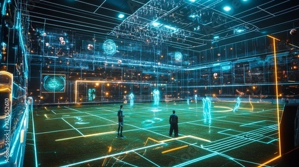 Fototapeta Futuristic sports field with neon lights and digital elements.