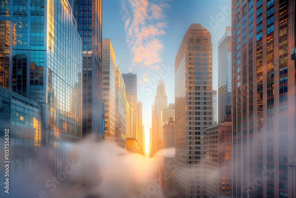 Fototapeta Skyscrapers glowing in the golden sunrise with clouds drifting through the urban canyon of a bustling city