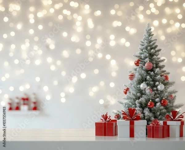 Fototapeta Christmas background with a white table and red gift boxes, a white wall with bokeh lights in the background, Christmas tree decorations, and space for product presentation mock-up