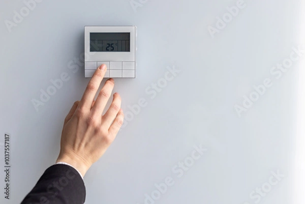Fototapeta Close-up of hand adjusting digital thermostat set to 25 degrees Celsius. Concept of energy efficiency, climate control, and modern technology in home or office environment.