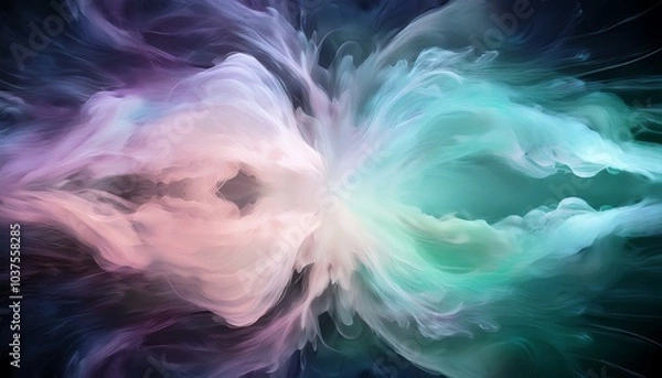 Fototapeta Ethereal Color Burst A glowing center with ethereal waves of pastel colors (lavender, mint, and peach) radiating in soft, cloud-like swirls.