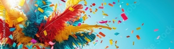 Fototapeta Colorful feathers and confetti celebrating a festive atmosphere against a vibrant blue sky.