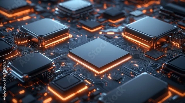 Fototapeta 3D rendering of high-tech chip with glowing orange wires and circuit boards
