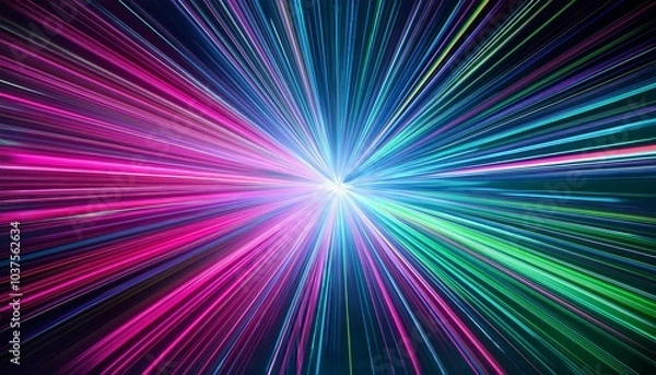 Fototapeta Neon Starburst: Vibrant streaks of neon pink, green, and blue radiating outwards from a central glow, resembling a starburst.