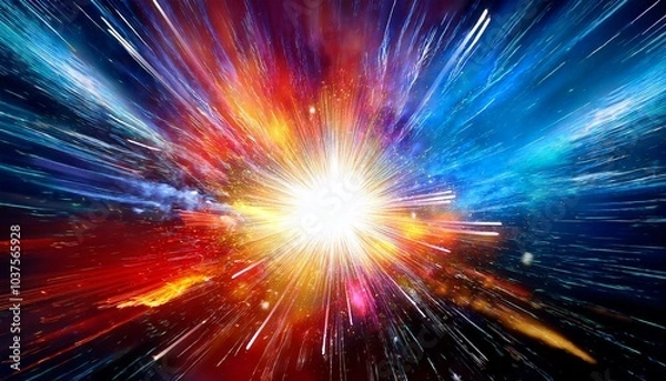 Fototapeta Chromatic Explosion: A central point of bright white light surrounded by splashes of deep reds, blues, and yellows. 