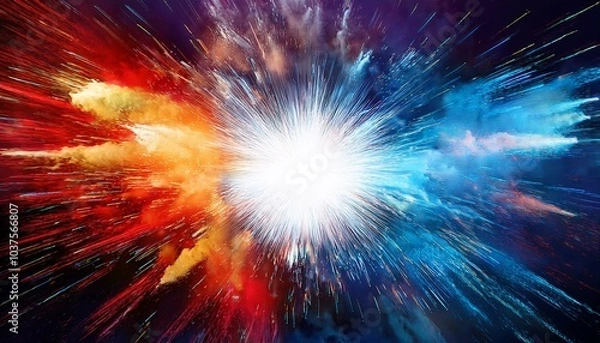Fototapeta Chromatic Explosion: A central point of bright white light surrounded by splashes of deep reds, blues, and yellows. 