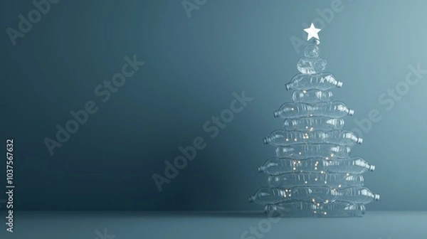 Fototapeta Eco-friendly christmas tree made from recycled water bottles with twinkling lights concept