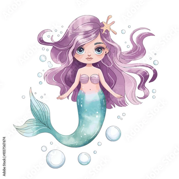 Fototapeta A whimsical illustration of a mermaid with long, wavy hair that transitions from a deep purple to a soft pink hue