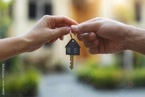 Obraz 
hand passing keys to a new house to another hand with a house keychain, real estate concept