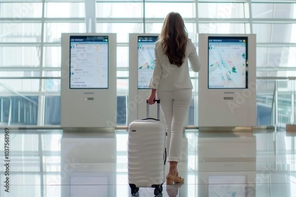 Fototapeta Traveler using digital airport information kiosk for flight details while pulling luggage in modern terminal, ready for departure