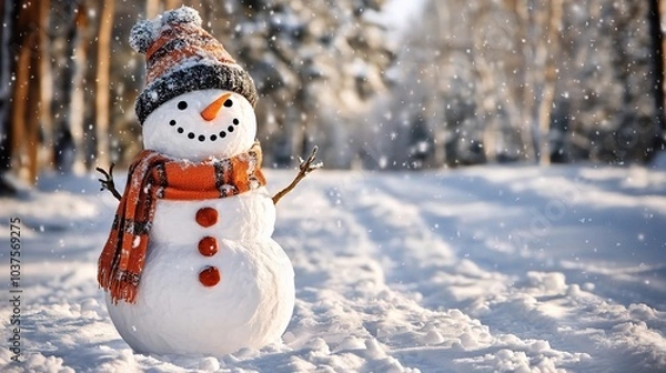 Fototapeta Winter Wonderland Snowman: A cheerful snowman, adorned in an orange scarf and knit hat, stands proudly in a snowy winter landscape.  The scene is bathed in the warm glow of sunlight.