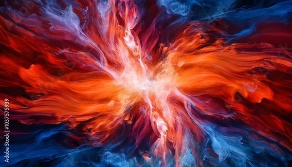 Fototapeta Celestial Color Burst A space-themed background with a supernova-like burst of vivid purples, blues, and golds, radiating from a bright white center. The colors should have a starry, cosmic feel, with