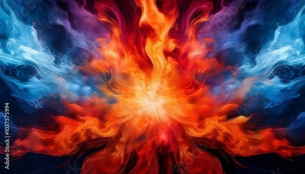 Obraz Celestial Color Burst A space-themed background with a supernova-like burst of vivid purples, blues, and golds, radiating from a bright white center. The colors should have a starry, cosmic feel, with