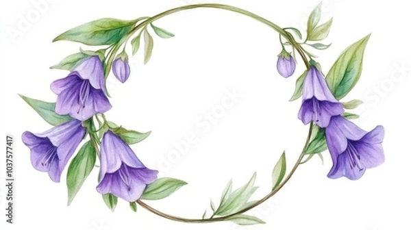 Fototapeta Lilac bellflowers and green leaves in a round frame on a white background Watercolor illustration created by hand