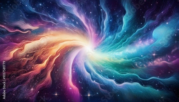 Obraz Galactic Aurora Detonation Imagine a cosmic scene where a burst of aurora-like ribbons—teal, magenta, and golden yellow—erupts from a small, swirling galaxy at the center.