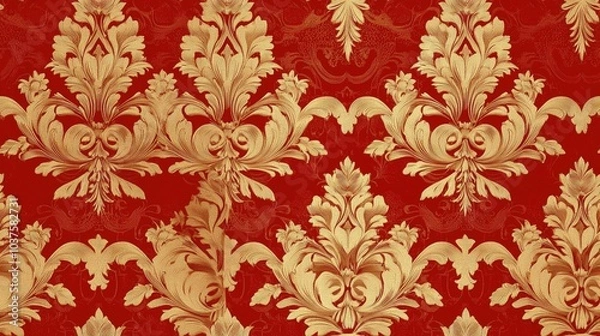 Obraz Antique golden wallpaper with a repeatable damask pattern Seamless design featuring a golden element on a red background showcasing a floral ornament in baroque style