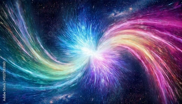 Obraz Galactic Aurora Detonation Imagine a cosmic scene where a burst of aurora-like ribbons—teal, magenta, and golden yellow—erupts from a small, swirling galaxy at the center.