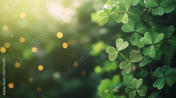 Fototapeta Lush green clovers with soft bokeh background, evoking tranquility.