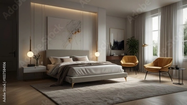 Fototapeta A serene bedroom bathed in soft natural light. Crisp white walls and bedding create a clean and airy feel. Minimalist aesthetics in the artwork and soft light from the pendant light.