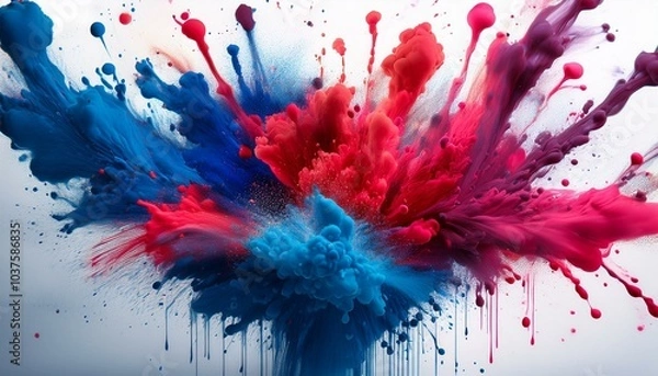 Fototapeta Ink Splatter Chaos An abstract explosion of thick, bold splashes of ink in deep indigo, crimson, and bright teal erupting from a central point, like a paintball hit. 