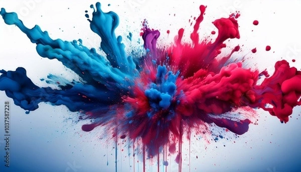 Fototapeta Ink Splatter Chaos An abstract explosion of thick, bold splashes of ink in deep indigo, crimson, and bright teal erupting from a central point, like a paintball hit. 