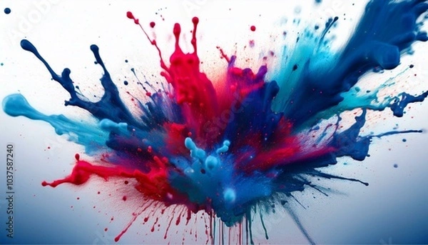 Obraz Ink Splatter Chaos An abstract explosion of thick, bold splashes of ink in deep indigo, crimson, and bright teal erupting from a central point, like a paintball hit. 