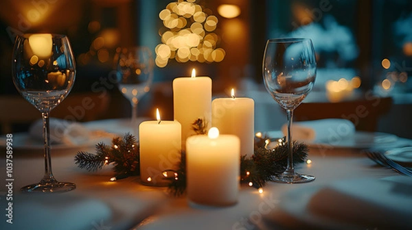 Obraz A festive Christmas table setting, with candles as the background, during a holiday dinner