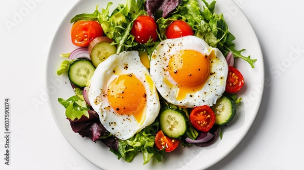 Fototapeta Eggs with salad isolated on white background, healthy food