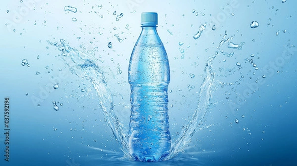 Fototapeta Mineral water. Falling glass bottle. A plastic bottle in the middle and flying splashes and drops of water around.