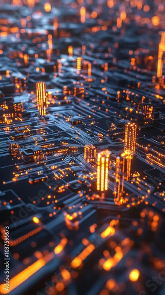 Fototapeta Futuristic technology concept: vertical ai circuit in glowing cityscape design for innovation
