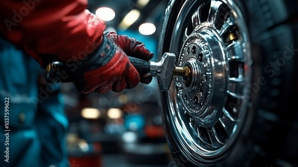 Fototapeta A mechanic using a wrench to tighten a wheel in an automotive workshop.
