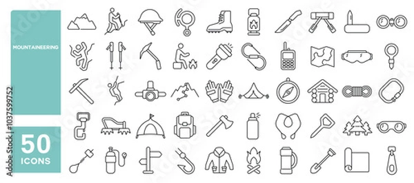 Fototapeta Set of 50 line icons related to mountaineering, mountain, adventure, climb, outdoor, hike, trek, summit, snow, peak, altitude, Editable stroke. Vector illustration