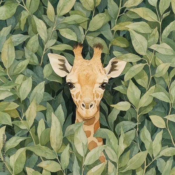 Fototapeta A giraffe is hiding in the leaves of a tree