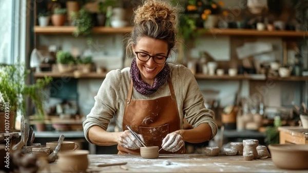 Fototapeta A woman in a craft studio skillfully shapes a clay bowl, fully absorbed in the creative process, surrounded by pottery tools and blooming plants.