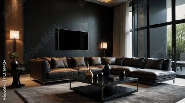 Fototapeta Luxurious living room with a stunning deep black color palette. Luxury leather sofa, decorated with soft cushions. Textured wall panels and a flickering fireplace create a warm and inviting atmosphere