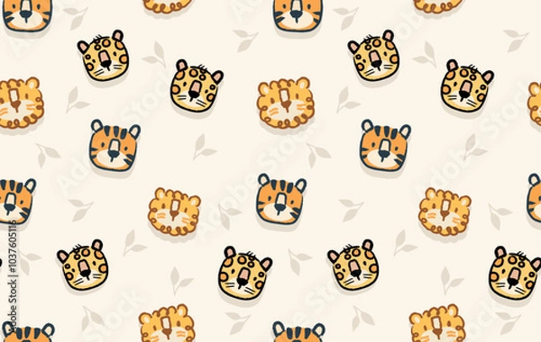 Fototapeta Colorful illustration of a pattern with lions, jaguars and tigers in a children's style. Art for printing on fabrics, wallpaper, gift wrap, etc.