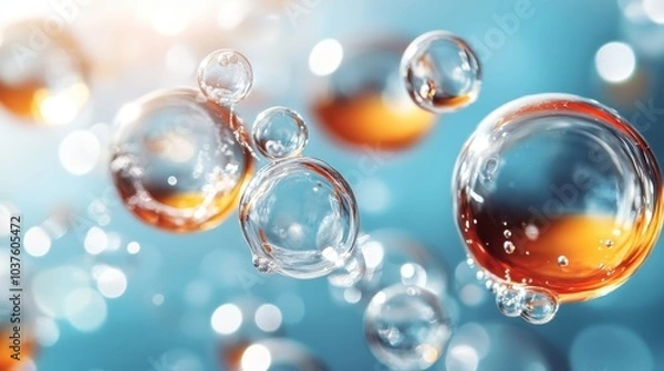 Fototapeta A mesmerizing view of translucent bubbles, glistening with amber hues, floating in a vivid blue backdrop. The sunlight accentuates their delicate forms beautifully.