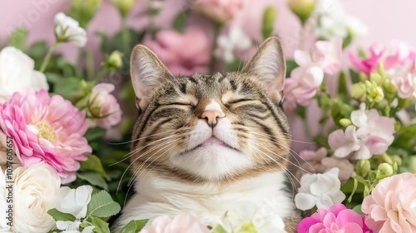 Fototapeta A delighted cat sits blissfully among vibrant flowers, showcasing a joyful grin in a colorful garden setting