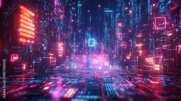 Obraz A vibrant network of floating geometric shapes illuminated by glowing circuits and pulsating data streams in a dynamic digital landscape