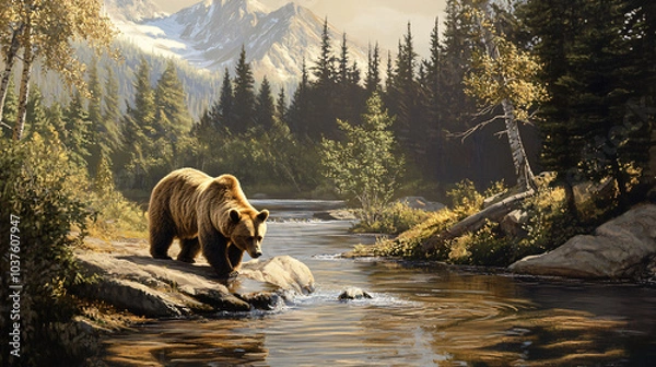 Fototapeta A grizzly bear fishing for salmon in a river
