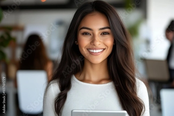 Fototapeta A young woman smiling brightly while holding a digital tablet, representing modern technology and positive engagement in a digital work environment.