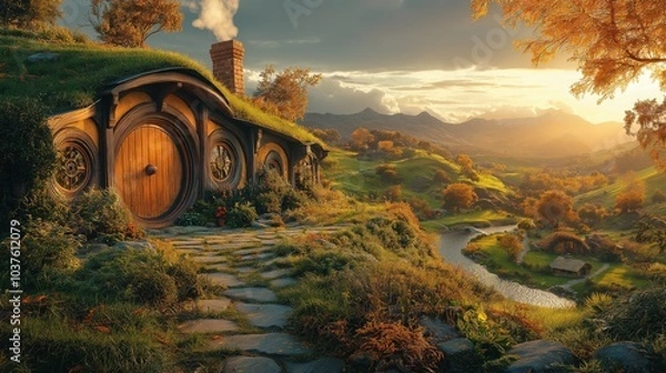 Obraz A tranquil sunset in the Shire with cozy hobbit holes, golden trees, and a gentle river meandering through the picturesque landscape