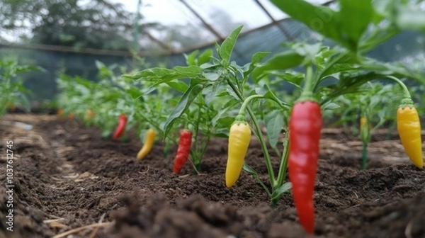 Fototapeta Close Up of Chili Peppers in a Greenhouse