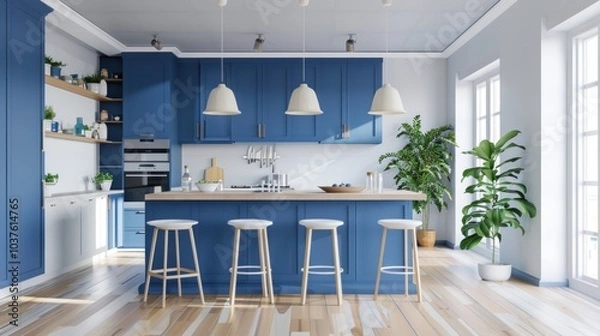 Fototapeta kitchen decor aesthetic kitchen design blue and white themed wall