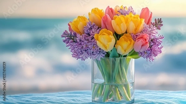 Obraz Joyful spring bouquet of yellow tulips and purple hyacinths against a serene ocean backdrop, celebrating nature's beauty