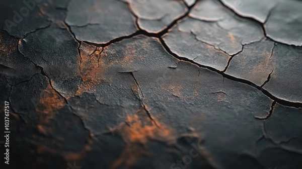 Fototapeta A close-up of a cracked black surface with orange highlights, showcasing intricate patterns and textures.